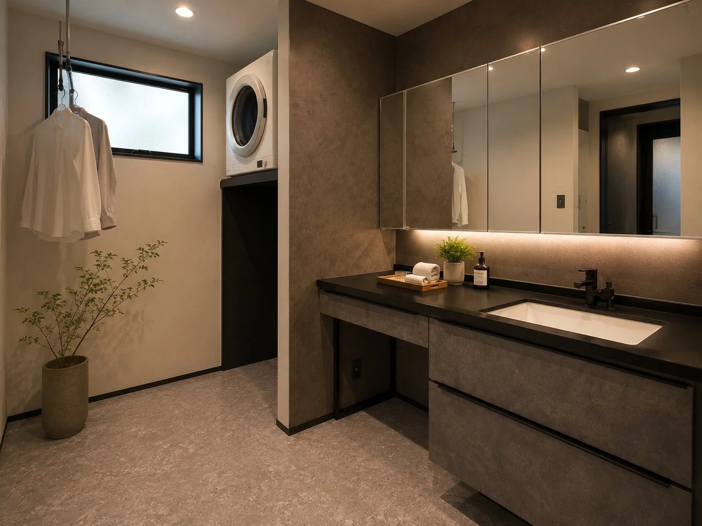 FLOW ランドリー ── 洗う・干す・しまうがひと部屋で完結する家事室｜秀光ビルド徳島店