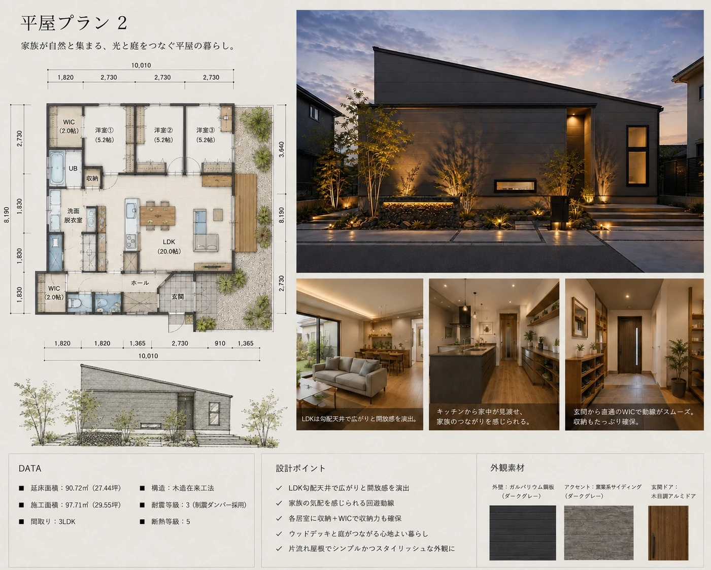 FLOW 平面プラン ── 家事がラクになる平屋の間取り