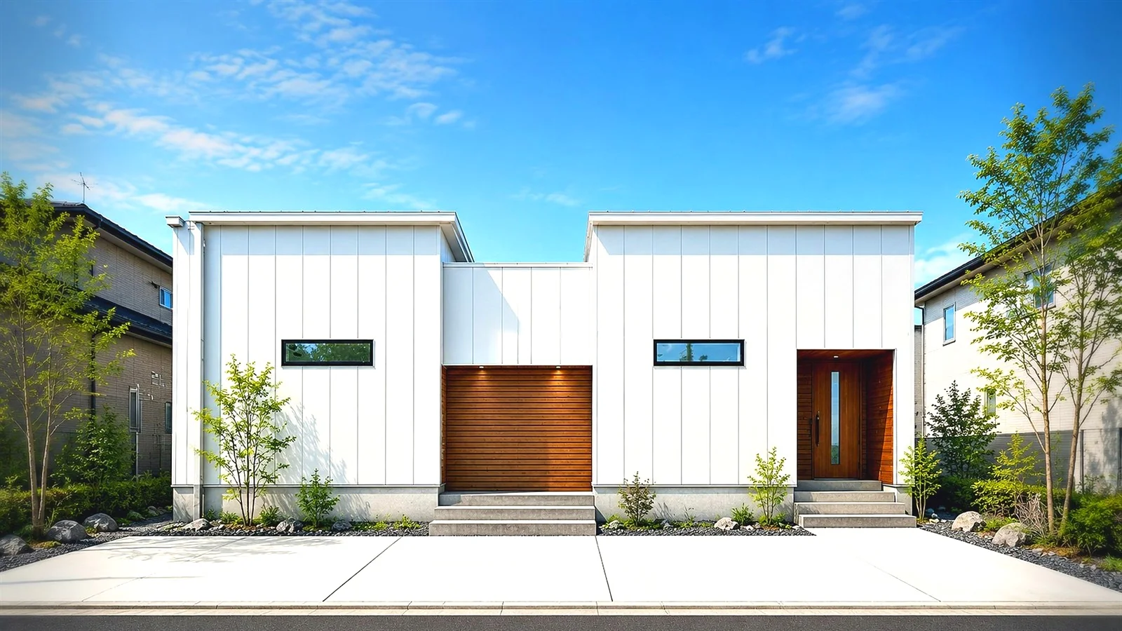 LOFT 外観 ── 屋根の高さを活かしたロフトのある平屋（白い外壁・木目スリット）｜秀光ビルド徳島店